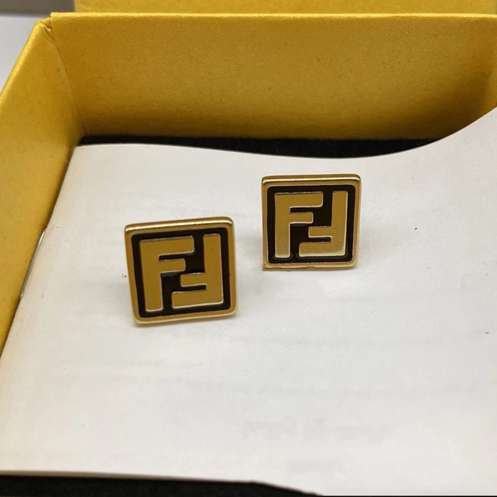 Gold Fendi Style Square Stud Earrings